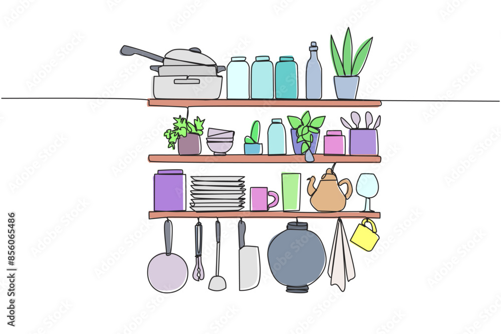 Poster single one line drawing cooking utensils in one vector image. wall rack full of cooking utensils. el