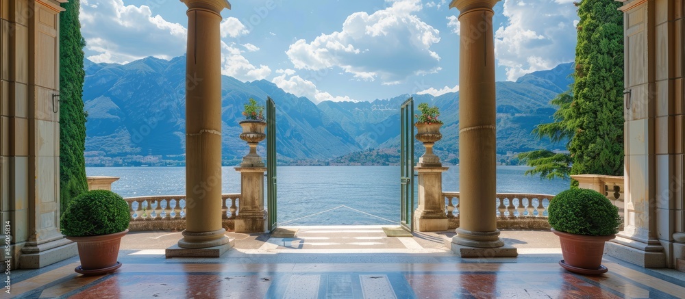 Poster entrance to classical villa looking out over lake towards mountains on summers day. Copy space image. Place for adding text or design