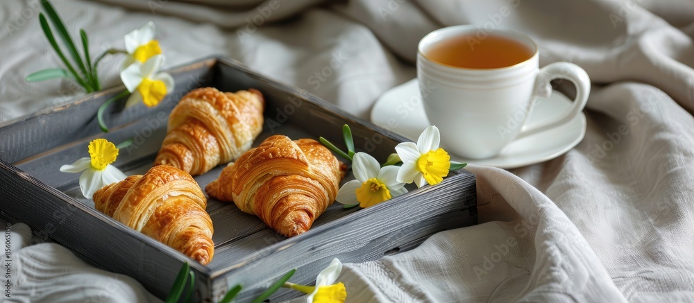 Poster breakfast in bed. romantic meal in gray wooden tray with croissants, cup of tea and narcissus flower