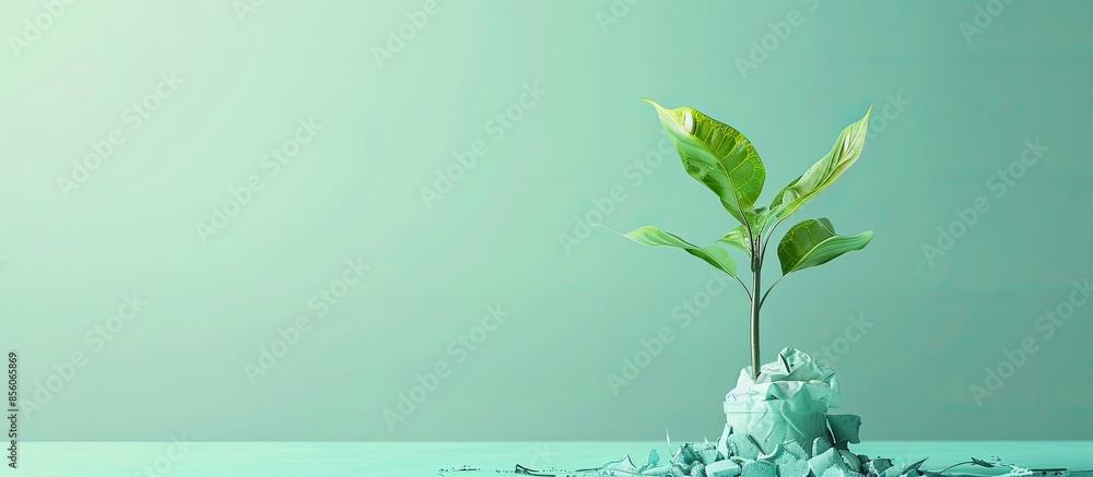 Aufkleber green recycling concept plant growing out of rubbish isolated on pastel background reflective backgr