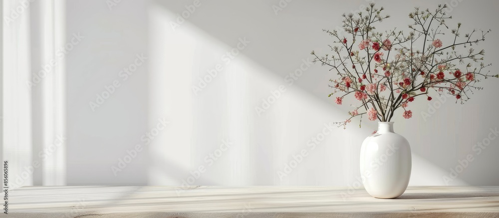 Poster flower vase on the dining table. with copy space image. Place for adding text or design