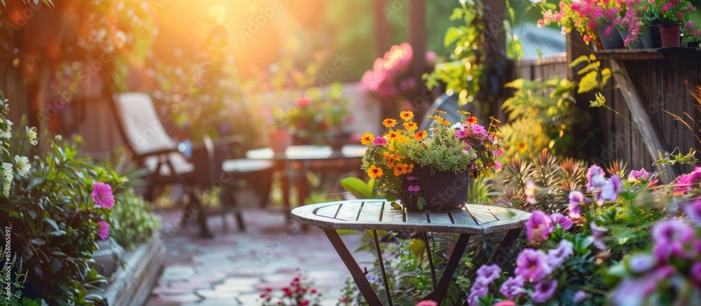 Aufkleber cozy terrace in the garden with flowers. with copy space image. place for adding text or design
