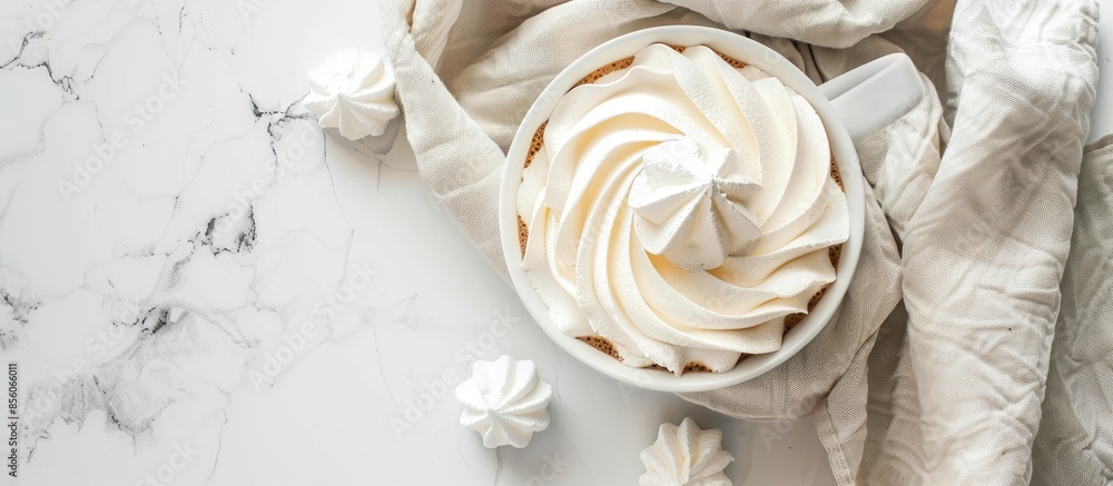 Aufkleber Airy meringue with hot cappuccino with towel top view. with copy space image. Place for adding text or design