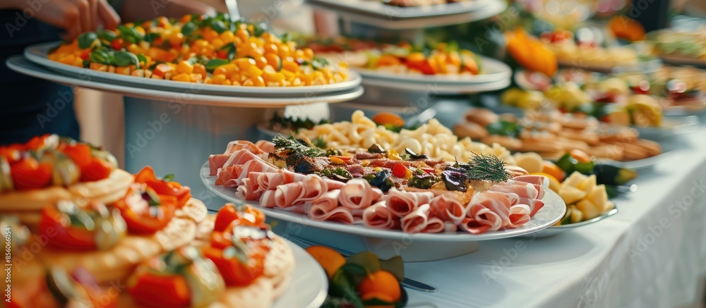 Poster delicacies and snacks on a buffet or banquet. catering. copy space image. place for adding text or d