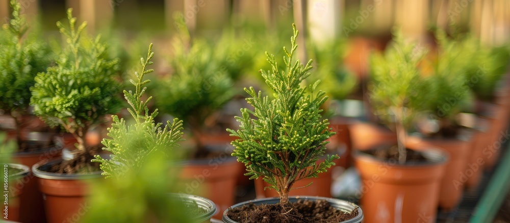 Poster young thuja seedlings in pots at an outdoor market in spring on a sunny day. with copy space image. 