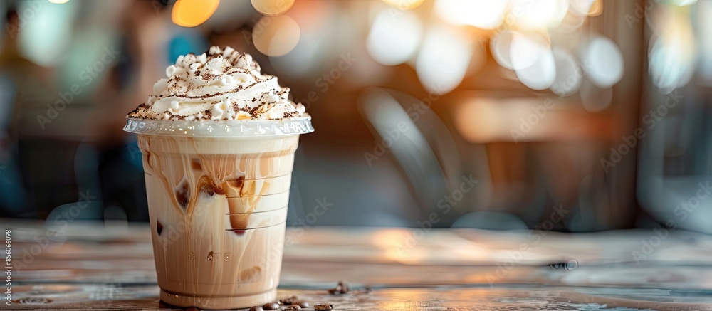 Poster close up shot of milk coffee drink. copy space image. place for adding text or design