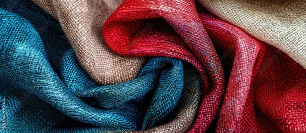 Fototapete detailed close up view on fabric and textile surfaces in different colors. with copy space image. pl