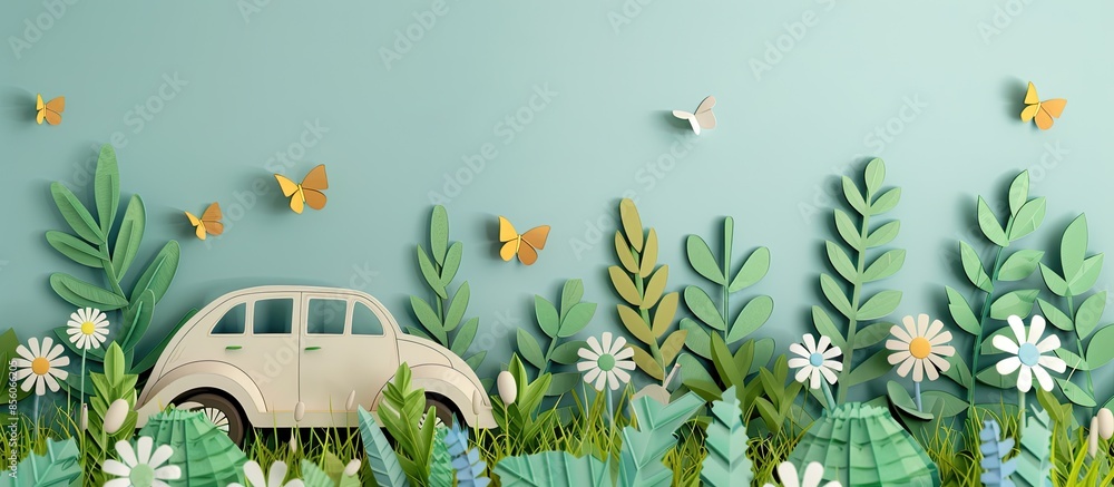 Poster concept of Environmentally friendly with eco car .paper art and craft style. Copy space image. Place for adding text or design