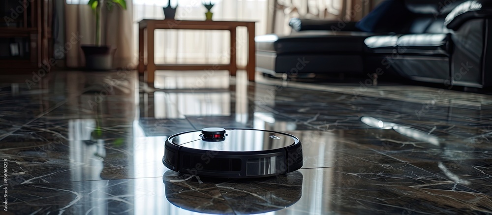 Poster smart home. robot vacuum cleaner performs automatic cleaning of the apartment at a certain time. clo