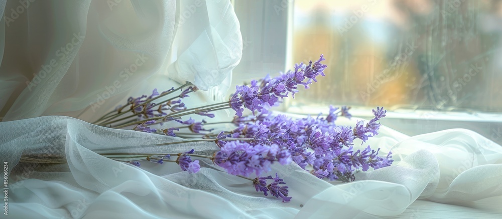 Aufkleber lavender on the fabric on the window sill pastel background. with copy space image. Place for adding text or design