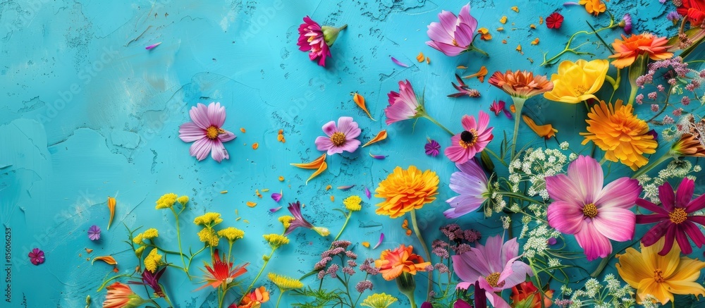 Poster Colorful abstract flower arrangements on a turquoise background. with copy space image. Place for adding text or design