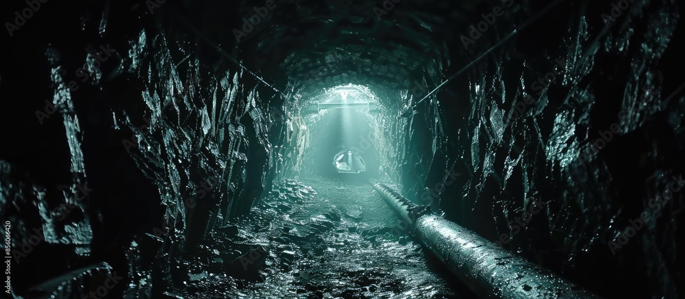 Poster Dark creepy abandoned coal mine in backlight. Copy space image. Place for adding text or design