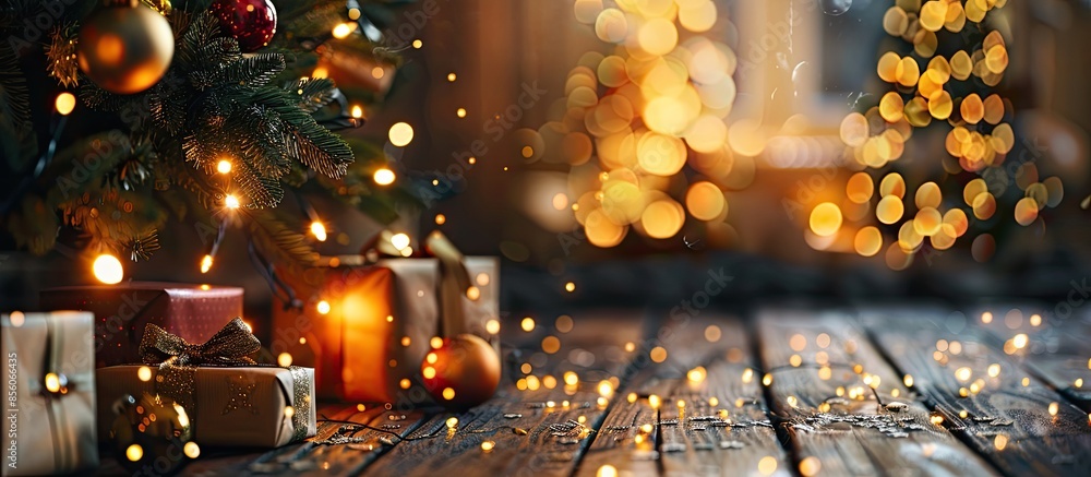Poster Christmas scene with tree gifts and fire in background. with copy space image. Place for adding text or design