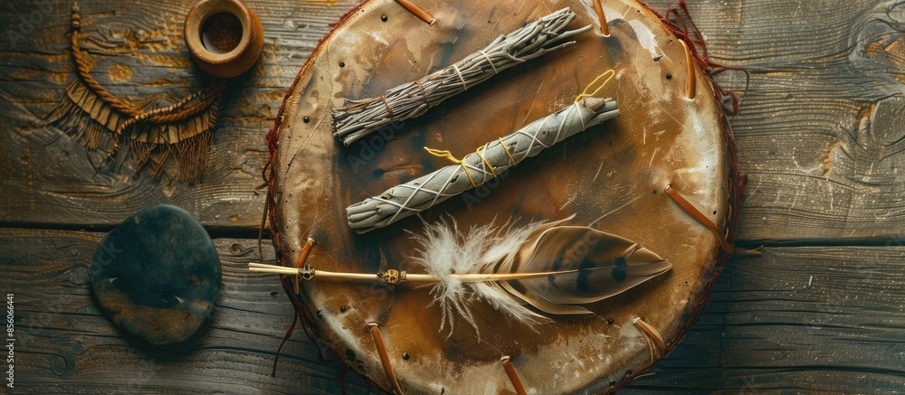 Poster A top view image of a handmade leather meditation drum with sacred feather and sage smudge sticks. with copy space image. Place for adding text or design