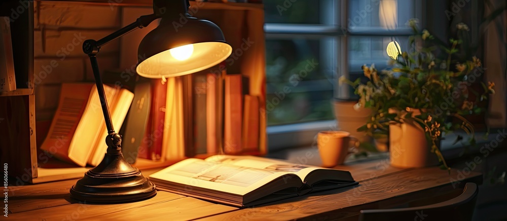 Poster Old album with photos under a desk lamp, retro lifestyle. with copy space image. Place for adding text or design