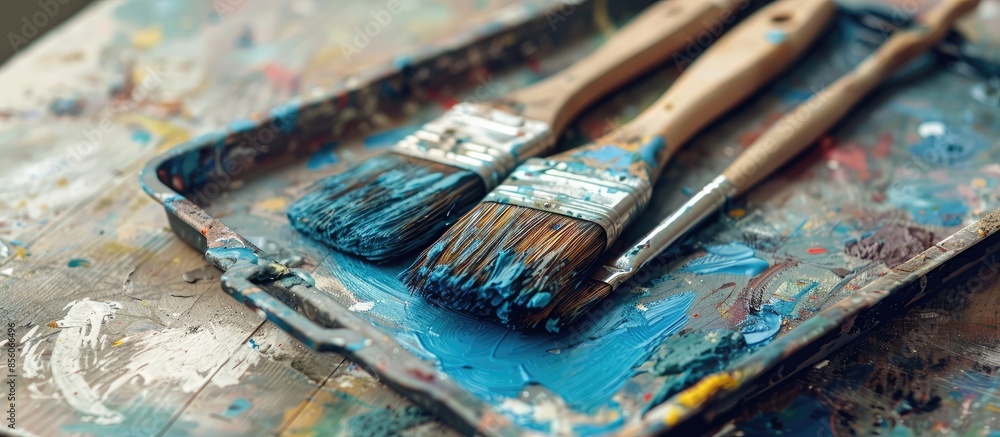 Poster house renovation tools. old used brushes and blue paint in paint tray. with copy space image. place 