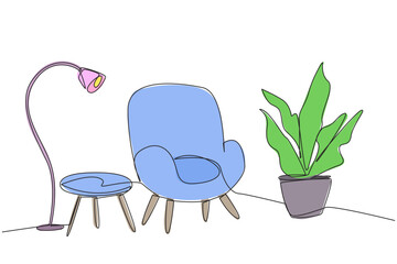 Fototapeta premium Single continuous line drawing stylish room with full furniture modern. Clean room used to relax on weekend. Soft chairs are equipped with floor lamps. Minimalist. One line design vector illustration