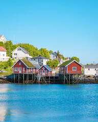 Obraz premium A scenic view of red cabins nestled in a picturesque Norwegian town. The houses are perched on the edge of the water, with a stunning blue sky and calm water in the background. Reine, Lofoten, Norway