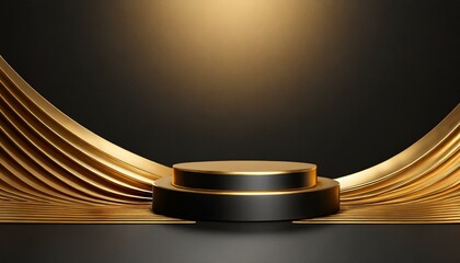  Gold black podium background 3D golden product line stage dark platform wave display. Design