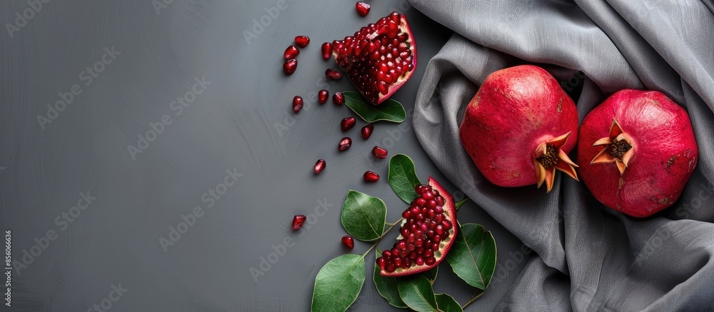 Aufkleber gray textile with pomegranate fruit. with copy space image. Place for adding text or design