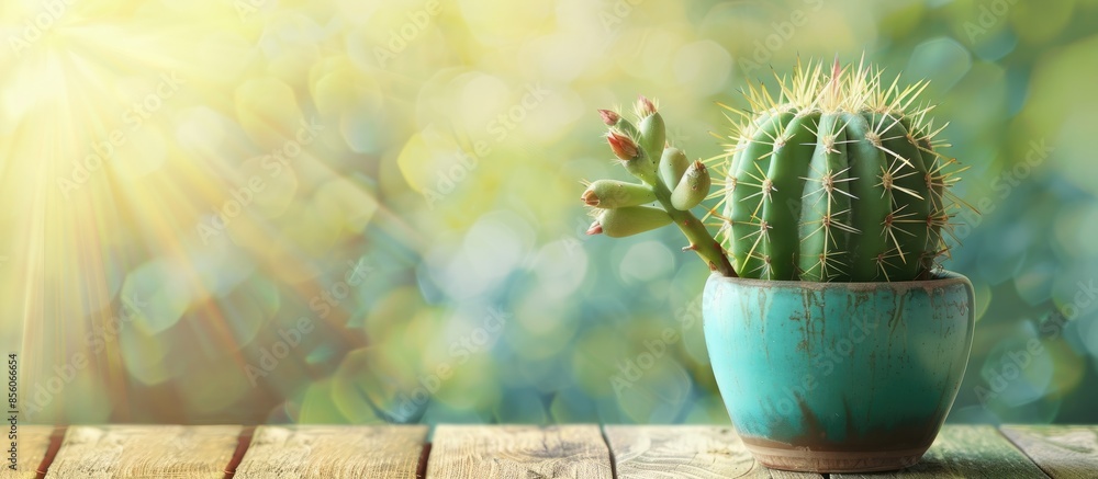 Leinwandbilder beautiful green cactus in a pot on a wooden table. in bright atmosphere it feels fresh during the da
