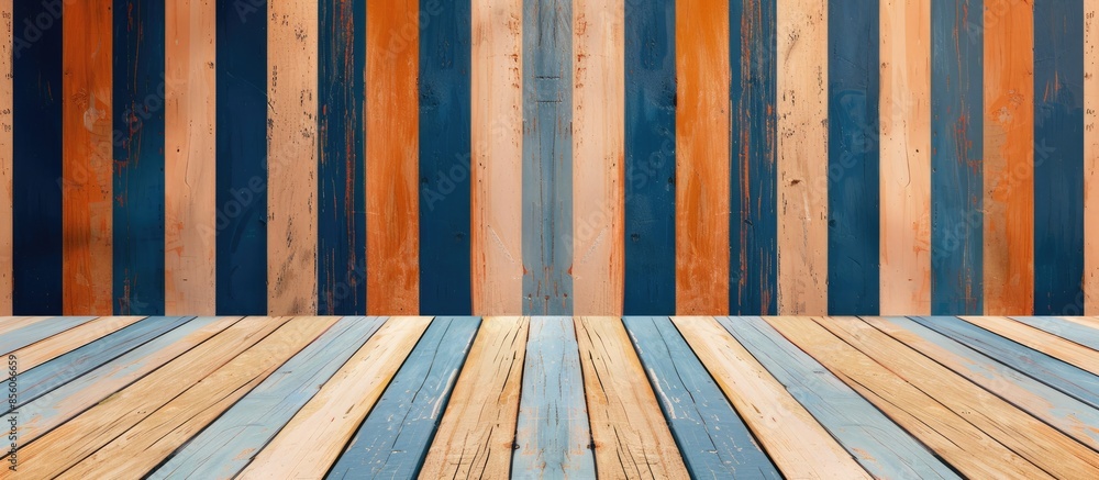 Poster Empty top of vintage striped pattern wall and wooden deck tabletop.For product display. with copy space image. Place for adding text or design