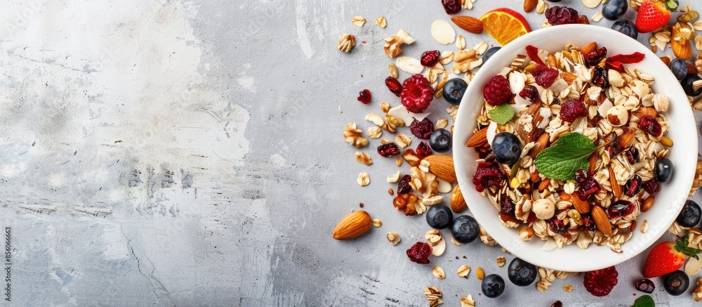 Poster Paleo style breakfast: gluten free and oat free muesli made with nuts, dried berries and fruits, top view. Copy space image. Place for adding text or design
