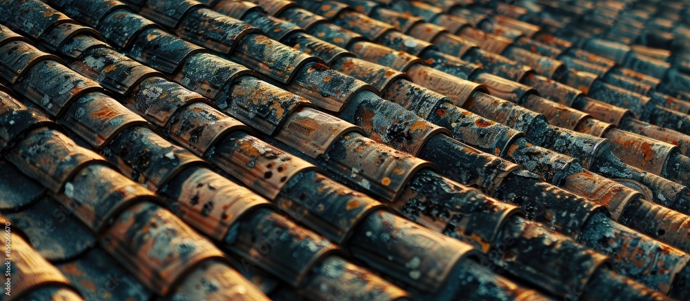 Poster closeup of house roof top covered with ceramic shingles. tiled covering of building. with copy space