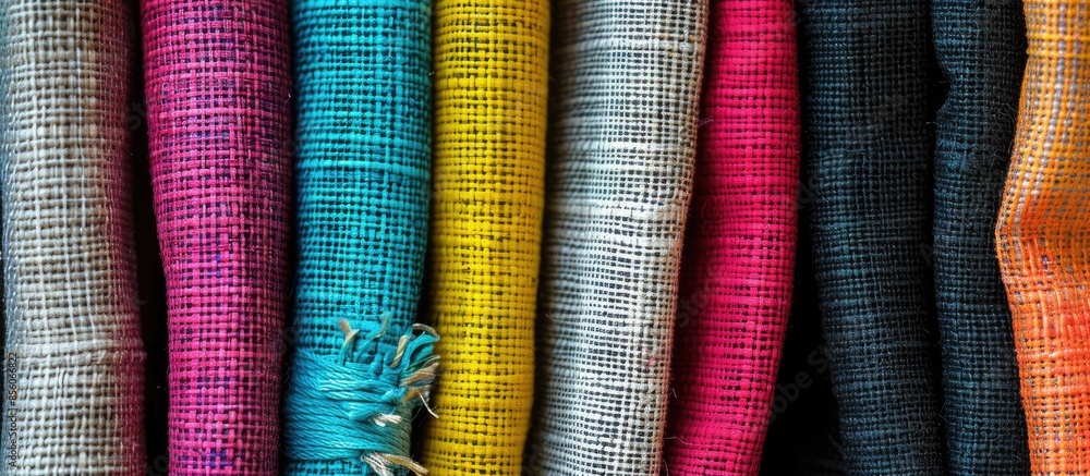 Poster bright collection of textile samples. multicolor fabric texture background