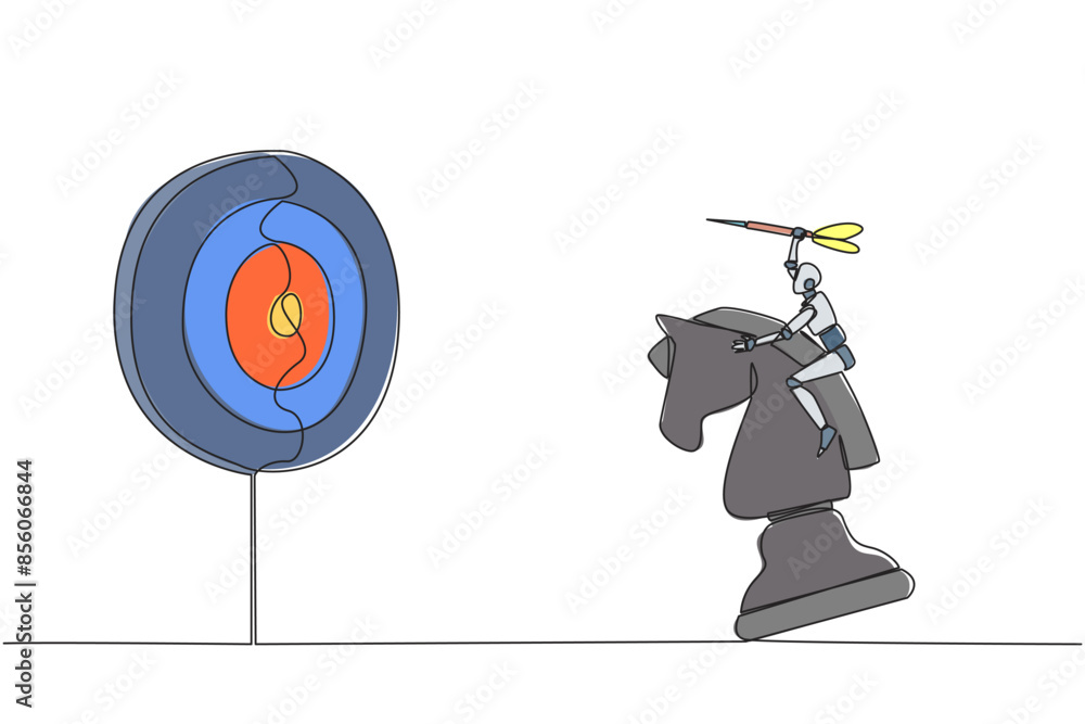 Poster single continuous line drawing smart robot future technology holding a dart arrow while riding chess
