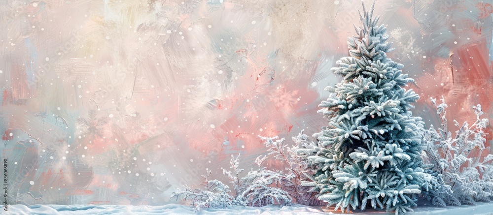 Aufkleber snowcovered tree on a pastel background.  Christmas. with copy space image. Place for adding text or design