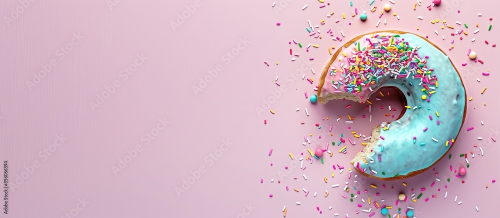 Fototapete donut cake round with colored sprinkles bitten on a pastel background. with copy space image. Place for adding text or design