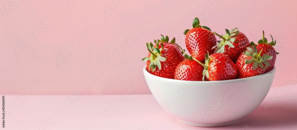 Poster delicious strawberry in a big white bowl on the table pastel background. with copy space image. plac