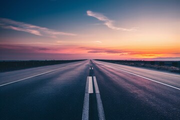 Fototapeta premium The image shows an empty asphalt road with white lines in the middle, with the sky above painted in shades of blue, orange, pink and yellow.