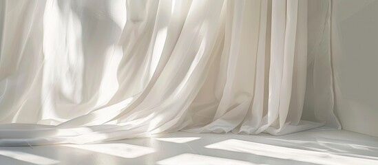 Obraz premium Closeup bottom of white fabric curtain, the glass door is behind, with the shadow and the sunlight coming through to the room . with copy space image. Place for adding text or design