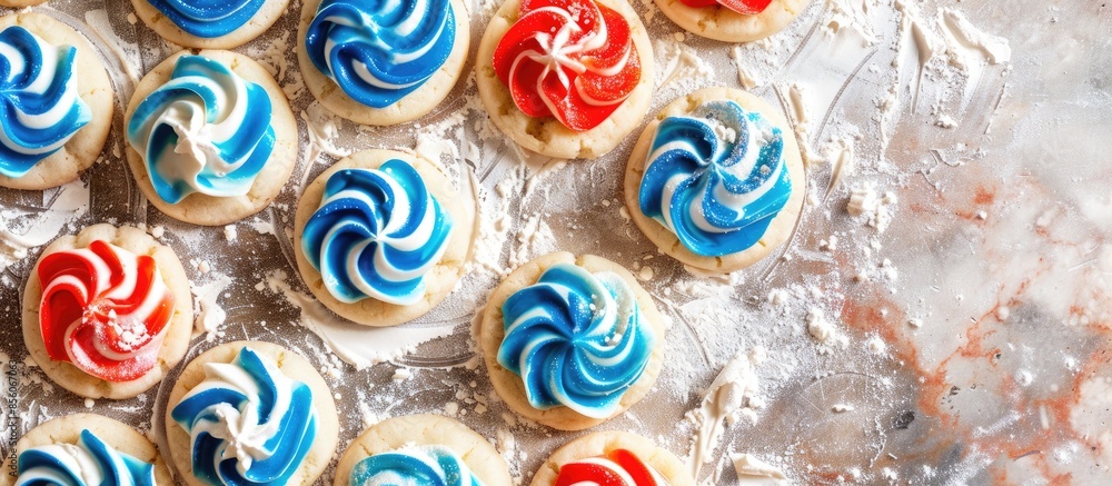 Aufkleber Slicing red white and blue pinwheel cookie dough into individual cookies. with copy space image. Place for adding text or design