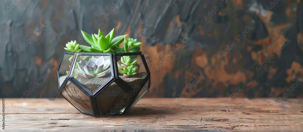 Poster Handmade geometric terrarium  succulentus placed on wooden table. with copy space image. Place for adding text or design