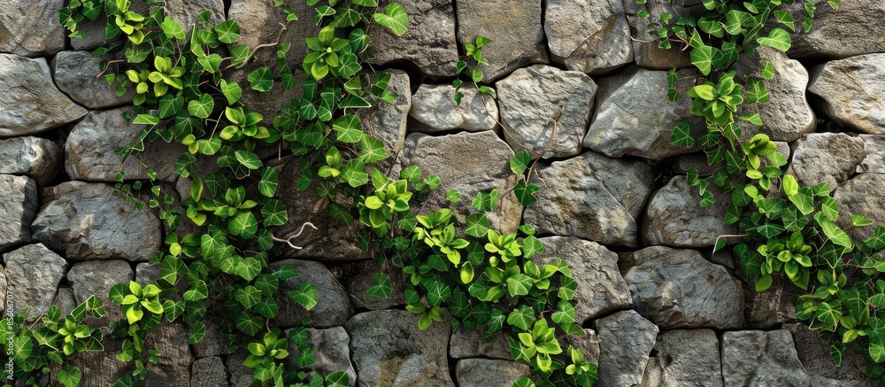 Fototapete stone wall with vegetation - texture . with copy space image. place for adding text or design