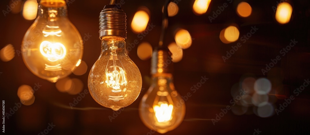 Poster Three light bulbs shine in the dark. with copy space image. Place for adding text or design