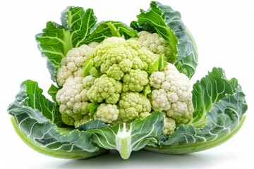Close-up of Fresh Cauliflower with Green Leaves