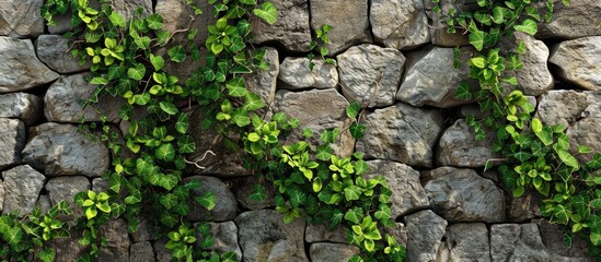 Stone wall with vegetation - texture . with copy space image. Place for adding text or design