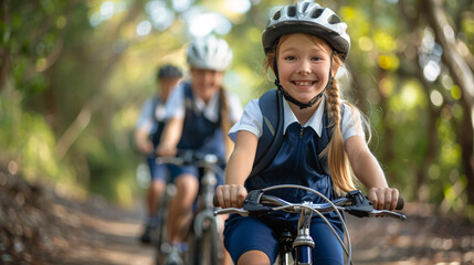 Obraz premium Joyful school children girl cycling in school uniform, safely commuting to school on bicycles, active and fun back to school concept for kids.