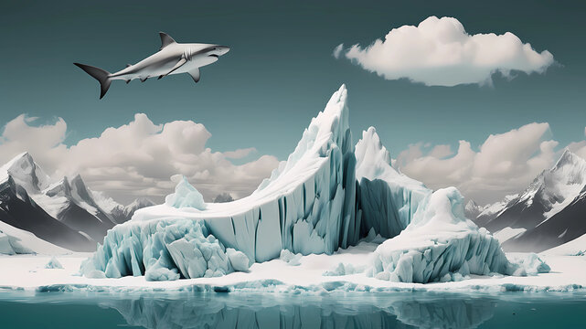 Minimalist The Fifth Element liminal Memphis chic deco arte povera panorama glacier snow ice ocean cloud sky aquarium cotton turquoise blue shark berg