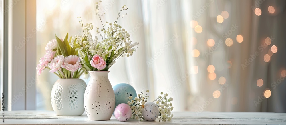 Aufkleber home interior with easter decor. spring flowers in a vases, easter eggs on a light background. with 