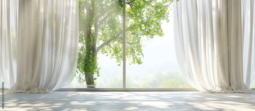 Aufkleber Curtain and window with green tree on background. with copy space image. Place for adding text or design