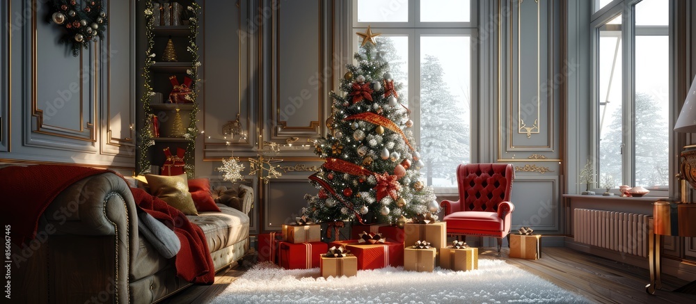 Poster christmas living room with christmas tree and gifts under it. with copy space image. place for addin