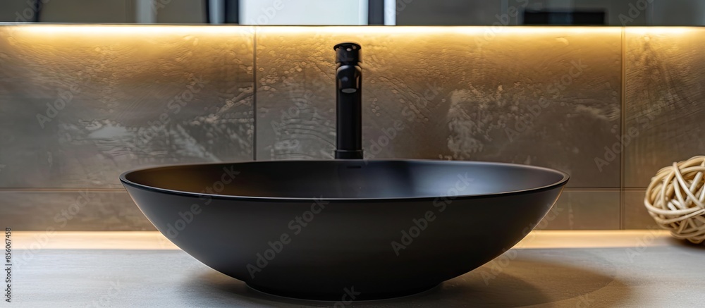 Poster stylish vessel sink with black basin mixer on light countertop in modern bathroom. with copy space i
