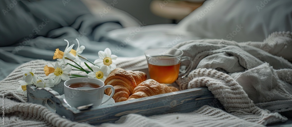 Poster breakfast in bed. romantic meal in gray wooden tray with croissants, cup of tea and narcissus flower