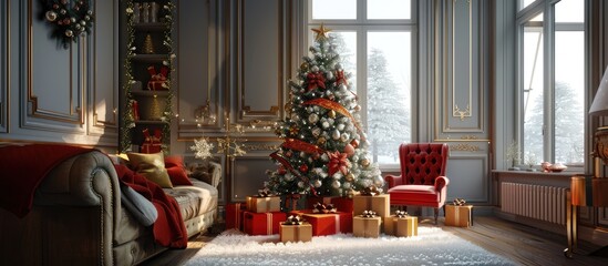 Christmas living room with Christmas tree and gifts under it. with copy space image. Place for adding text or design