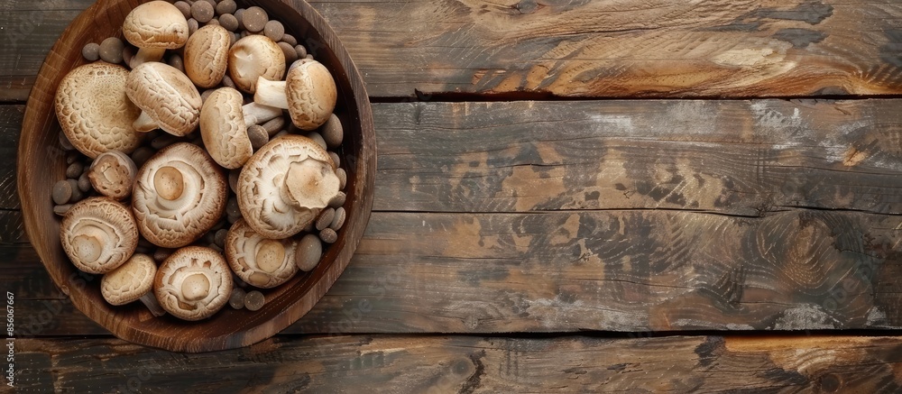 Poster Old wooden sink with mushrooms and river gravels. with copy space image. Place for adding text or design